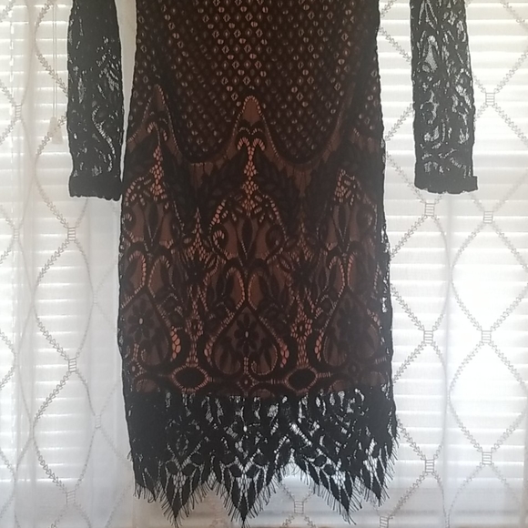 Lace Black & Nude Long Sleeve High Neck Dress - Picture 2 of 5